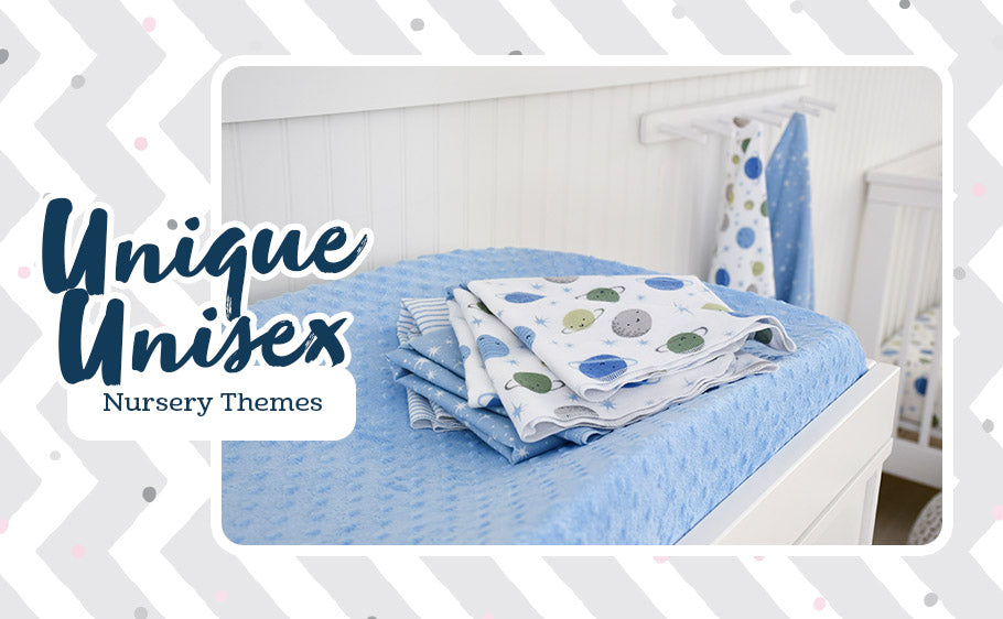 close up on blankets with text "Unique Unisex Nursery Theme"