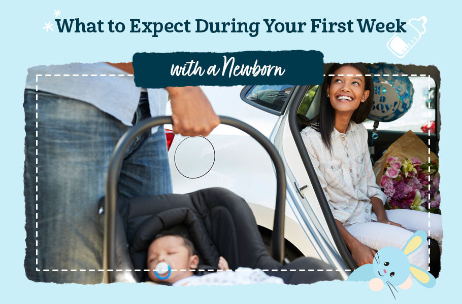 New Parents smiling with newborn and text reading "What to Expect During Your First Week Newborn"