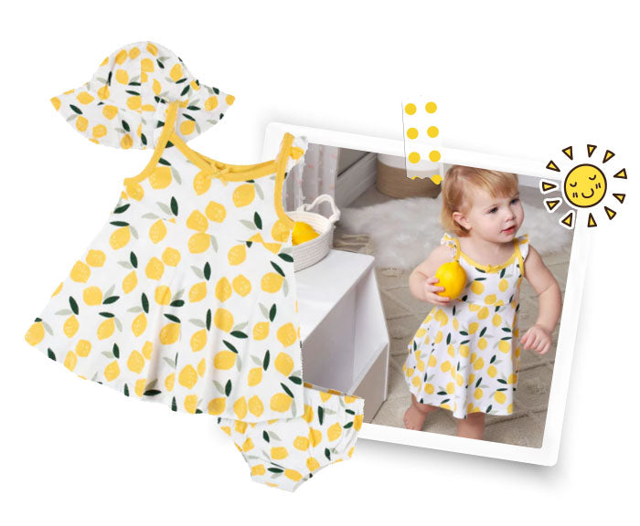 produce stand photoshoot baby girl in lemon dress