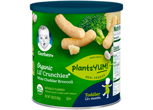 Green and blue can of Gerber(R) organic Lil' Crunchies snacks