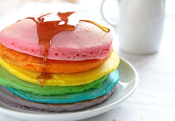 rainbow pancakes for national unicorn day breakfast