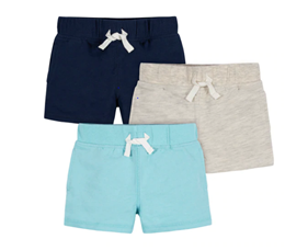 3 shorts in blue, black and beige