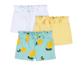 3 shorts in yellow, white and blue. one pair features lemon pattern.