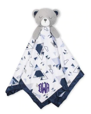 Blue and white security blanket with bear head topper and embroidery