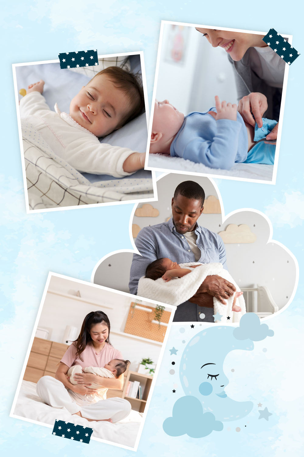 Various photo album styled images showing mothers and babies showing sleeping techniques