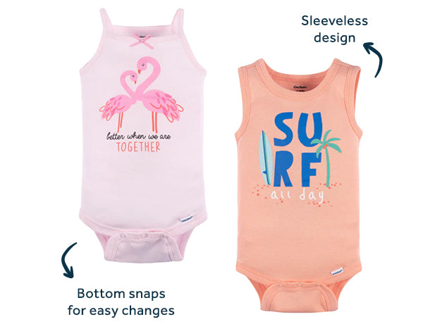 Two pastel colored onesies with summer sayings and motifs on the front. Arrows point and have text that reads "Sleeveless design" and "Bottom snaps for easy changes"