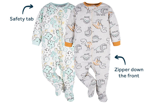 Summer comfy baby sleepwear with text with arrows that read "Safety Tab" and "Zipper down the front"
