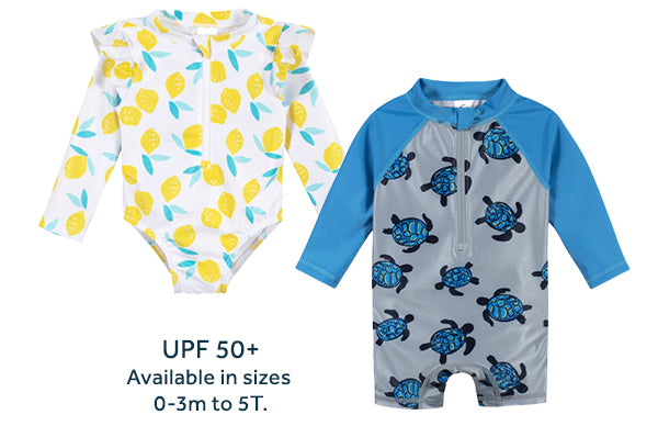 Boy and girl long sleeved swimwear for the summer shown with text that read " UPF 50+ Available in sizes 0-3 M to 5T"