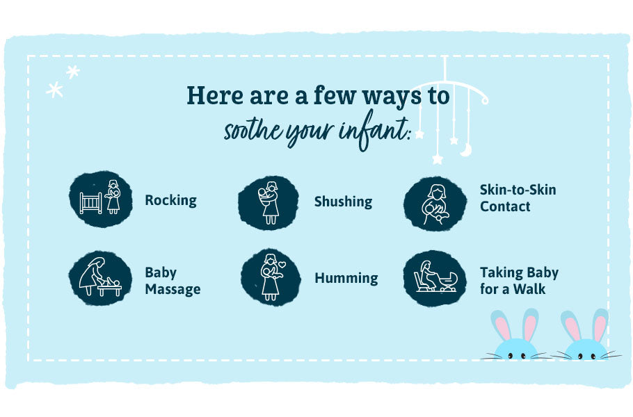 Blue graphic describing helpful ways to soothe infant.