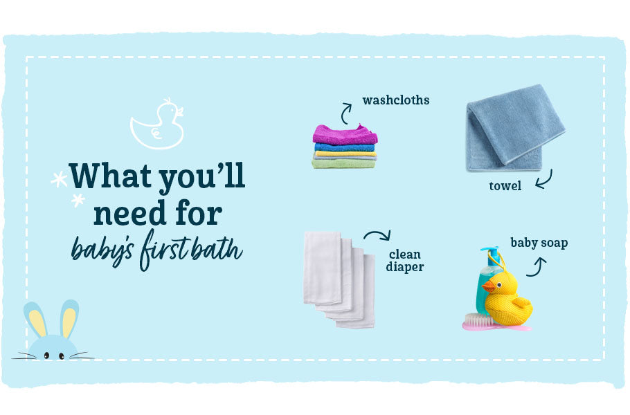 Blue graphic describing what you'll need for baby's first bathtime. Shows various items for a baby's bath.