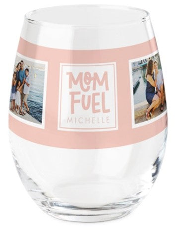 personalized wine glass with family pictures and text "Mom Fuel"