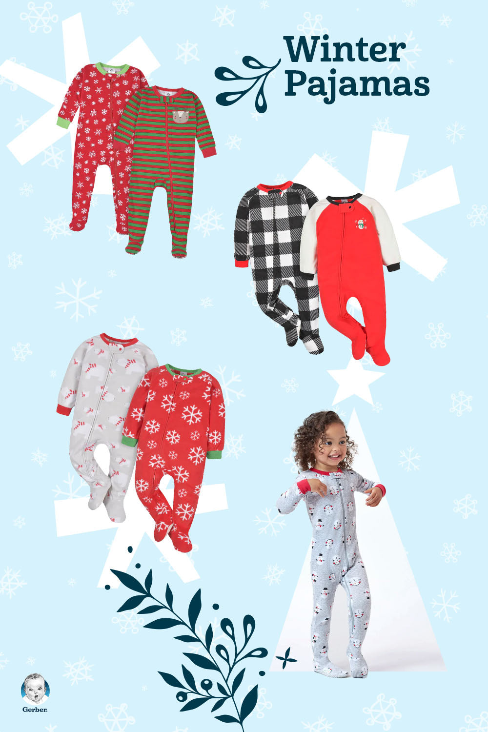 Different winter pajamas with stripes, snowflakes and winter patterns shown in pairs.