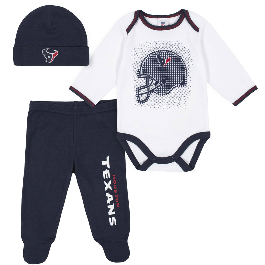 Gerber Newest Texans Fan Baby Boy Bodysuit, Footed Pant & Cap Set