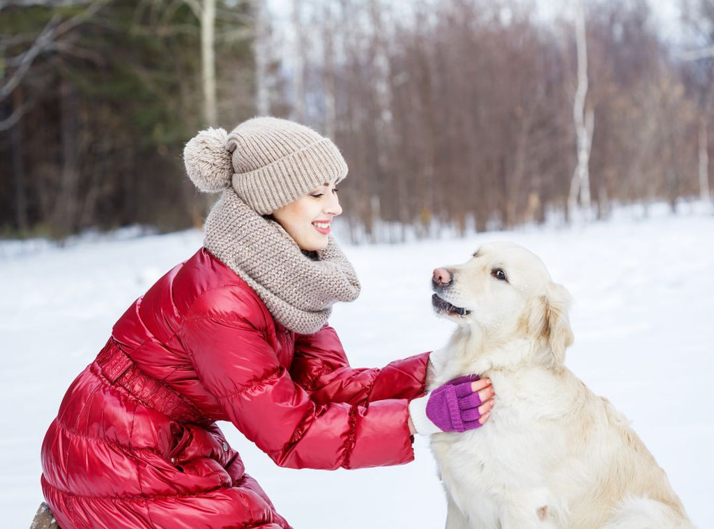 Frau mit Hund im Schnee. Pfotenpflege im Winter.