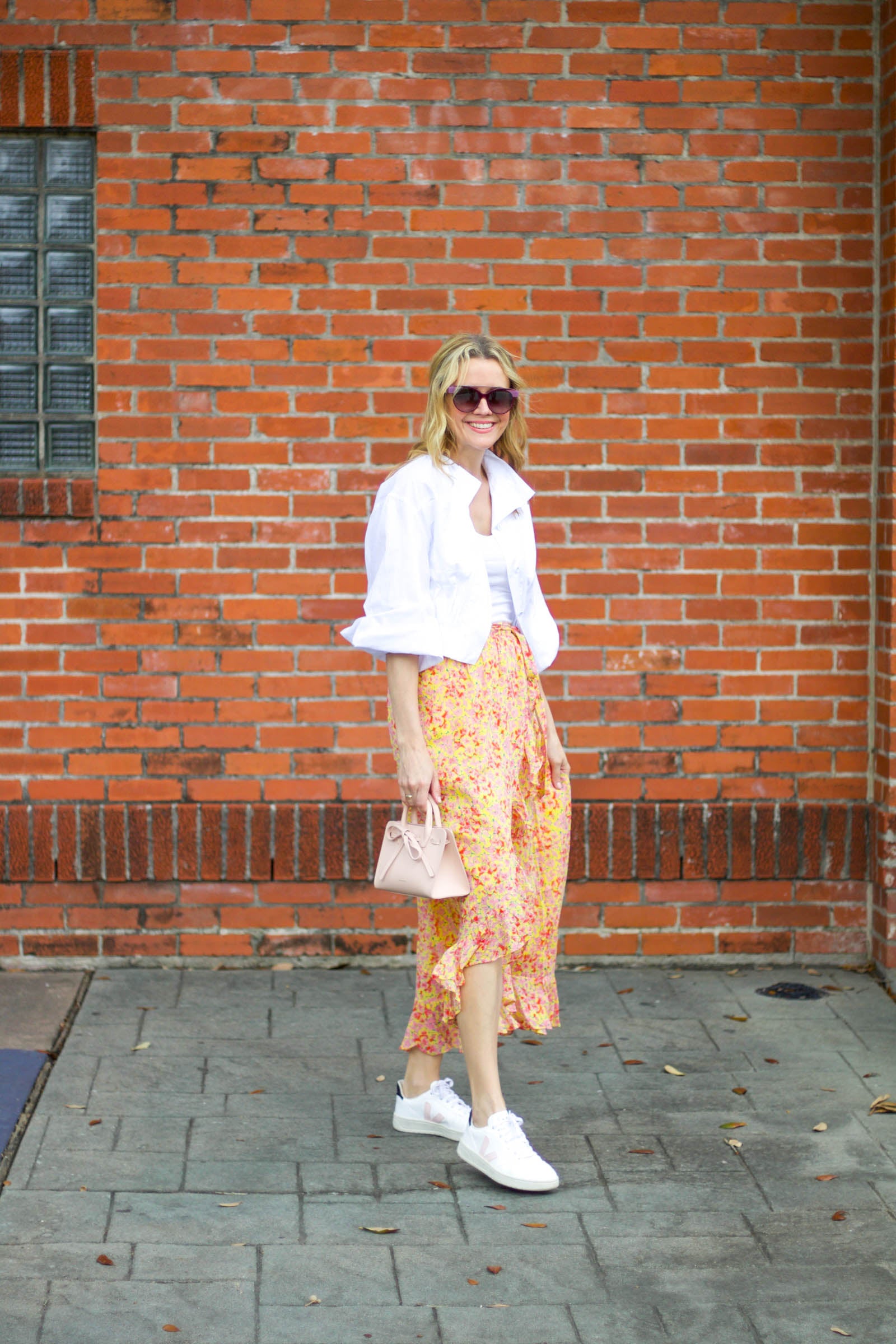 Pink Sweater, Floral Midi Skirt & Veja Sneakers Outfit