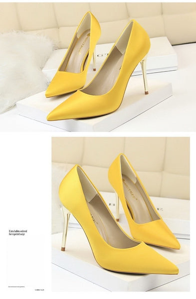 yellow satin pumps