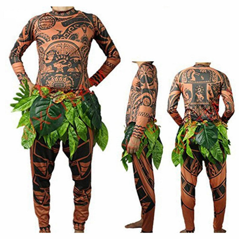 Funny Moana Maui Tattoo T Shirt/Pants Halloween Adult Mens Women Cosplay Costumes with Leaves Decor Blattern Halloween Adult Cosplay