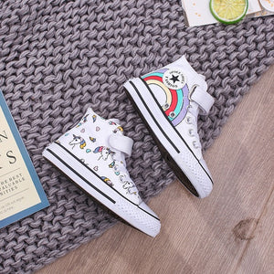 Girls Fashion Children Canvas Shoes Lovely Unicorn Printed Pattern High Top Girls Black White Girl Sneakers Star Rainbow
