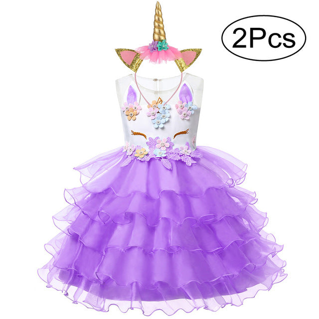 Baby Girl Unicorn Costume Pageant Flower Princess Party Dress with Headband