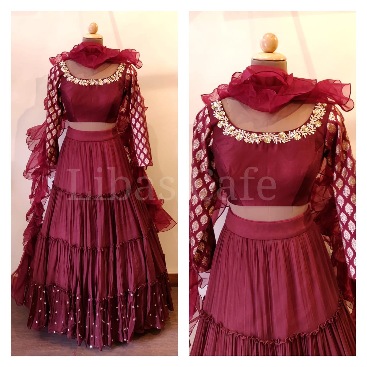 Maroon Ruffle Lehenga Choli with Dupatta Ruffle Art Silk Chi