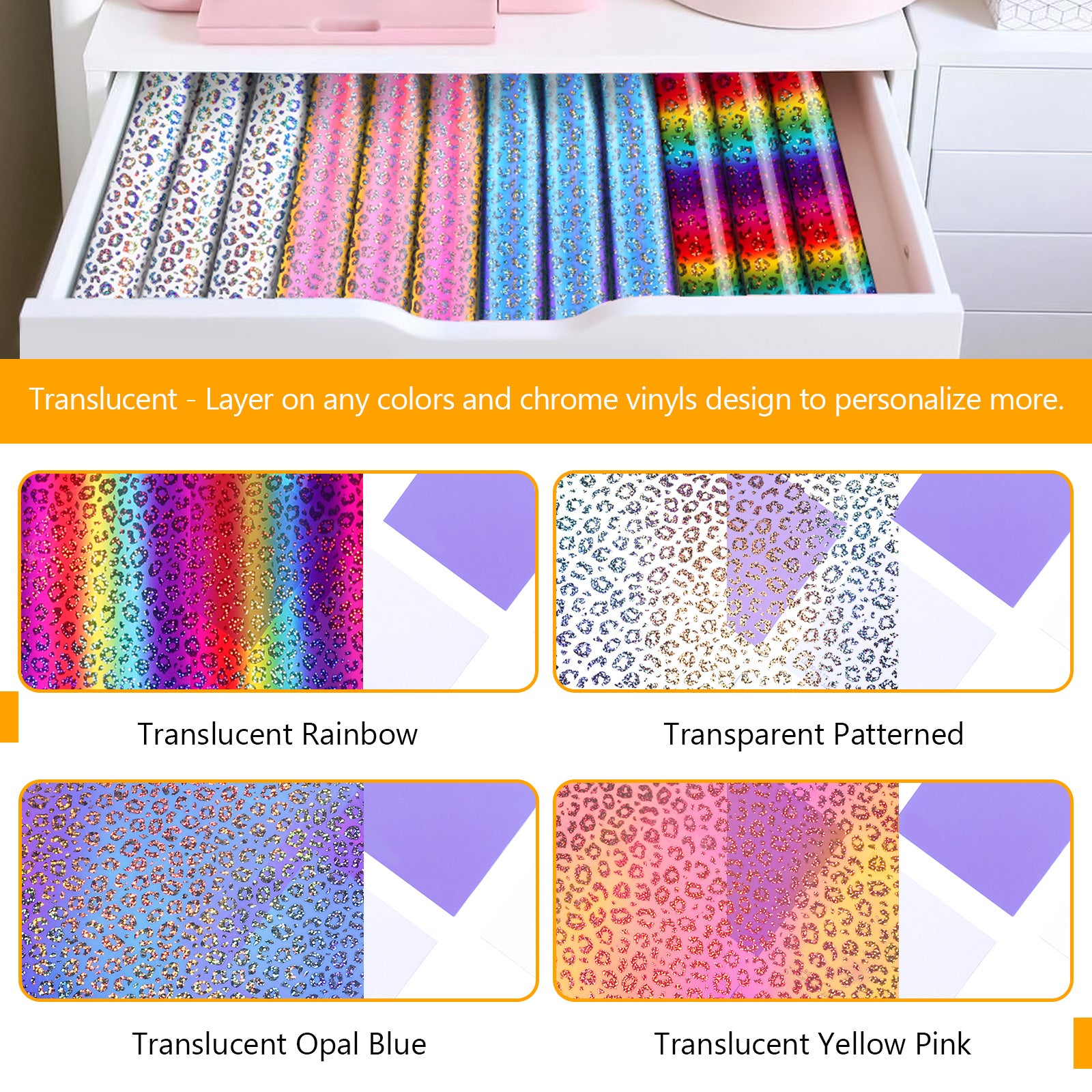 TECKWRAP Candy Rainbow Adhesive Vinyl Bundle Holographic Permanent Vinyl  for Crafting Cutter 12 x 36/Rolls (Glitter White,Transparent