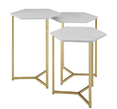 Hex Nesting Tables Set of 3 - Faux White Marble Gold