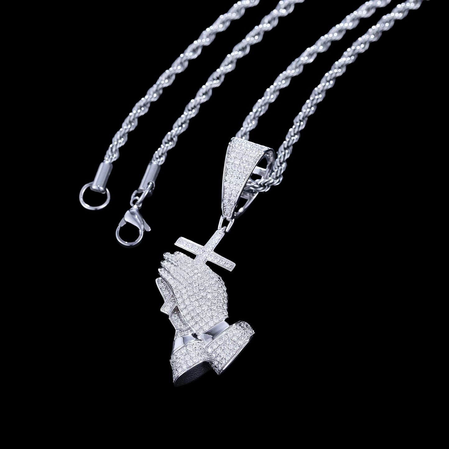 Silver Moissanite Diamond Praying Hand Pendant