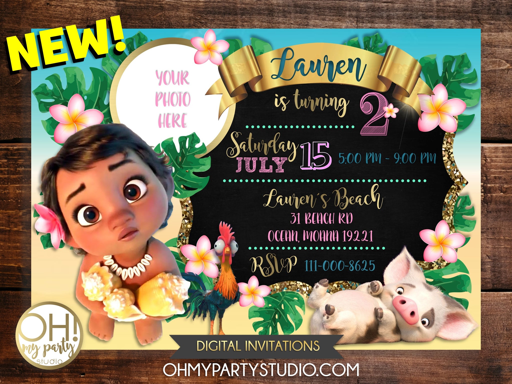 Baby Moana Birthday Party Invitation With Photo Oh My Party Studio