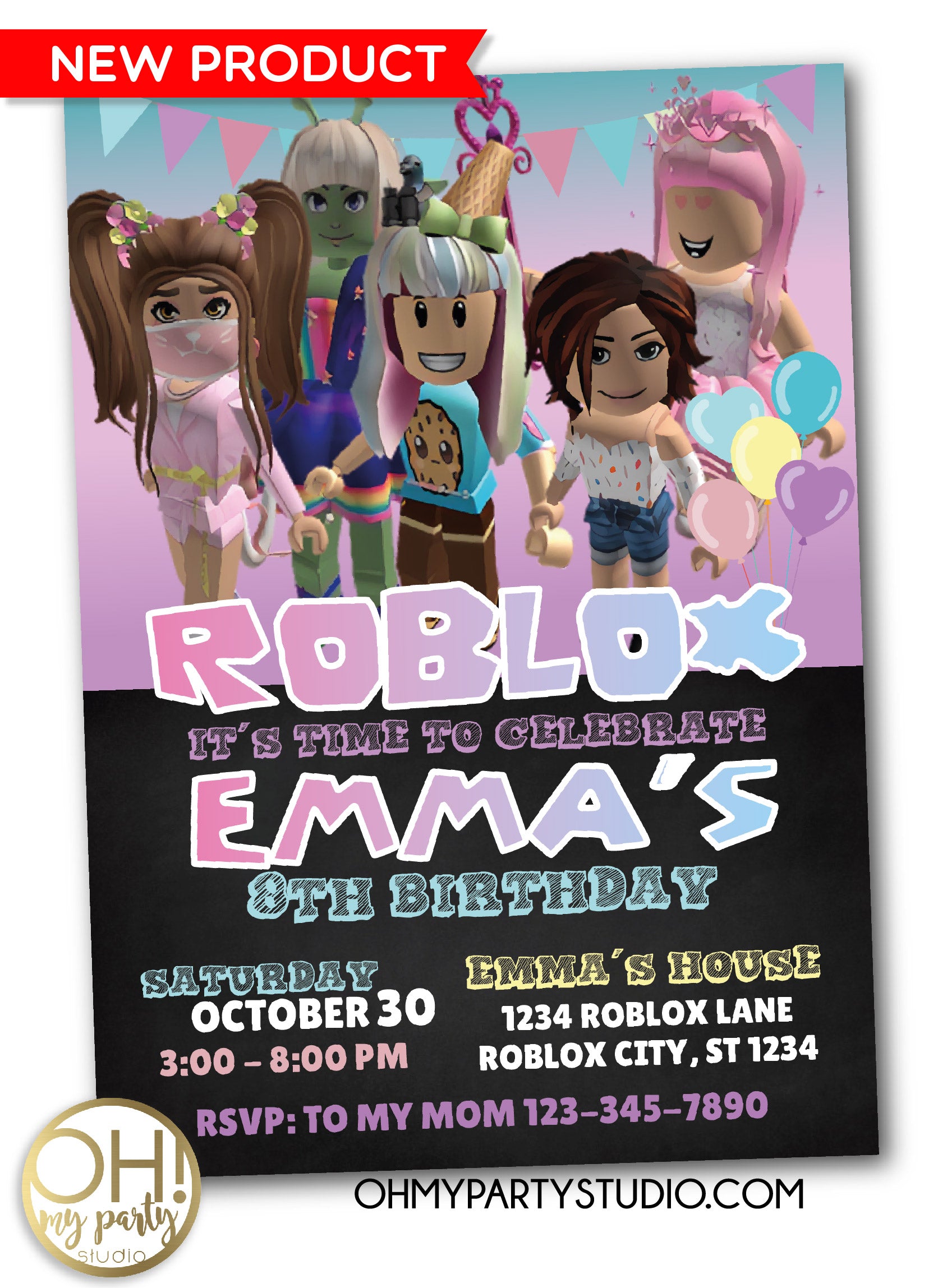Roblox Birthday Party Invitation Roblox Invitation Girl Roblox Birth Oh My Party Studio - roblox birthday party girl