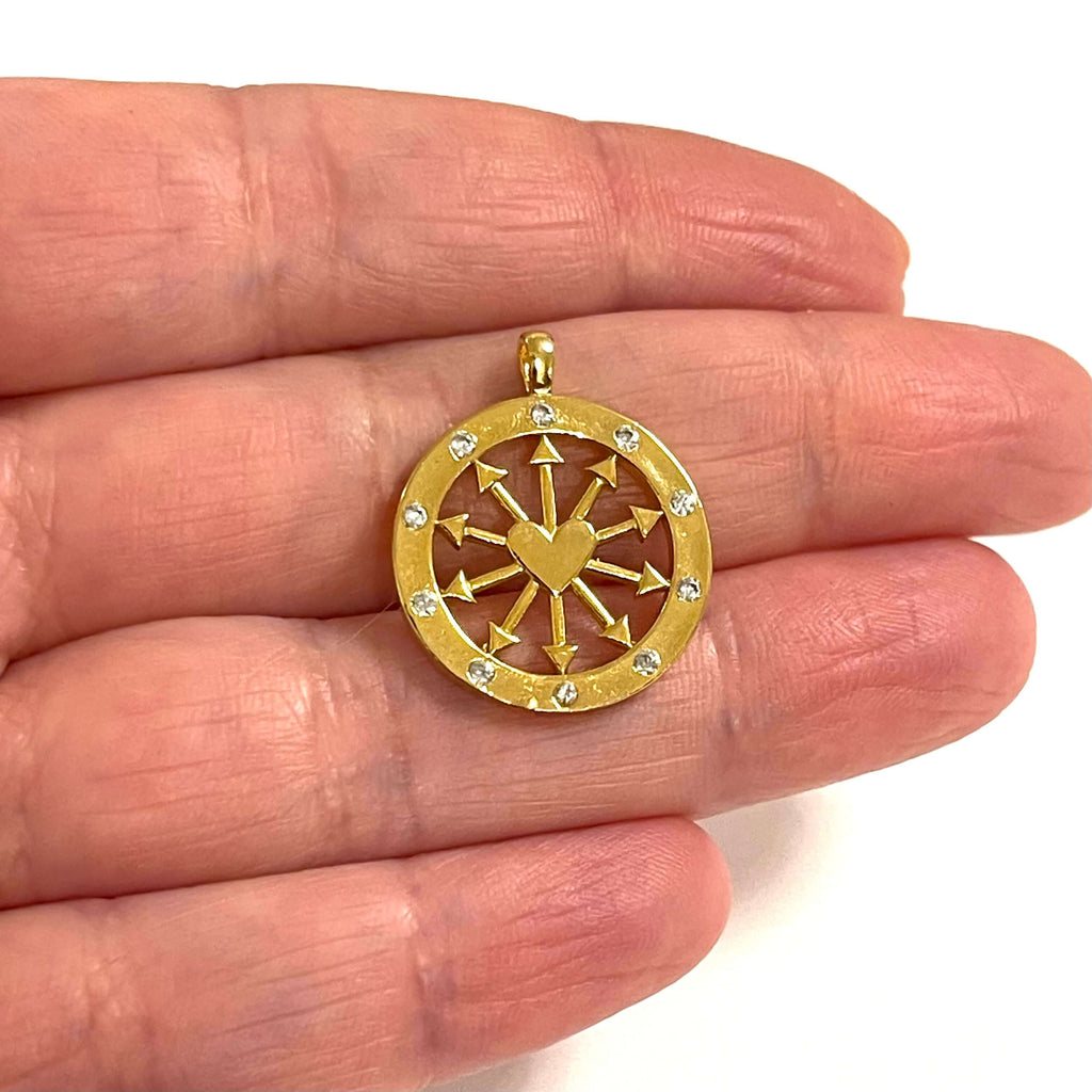 24Kt Gold Plated CZ Micro Pave Compass Pendant With Heart