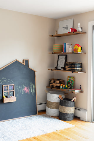 Boo & Rook playroom, family room design pale oak benjamin moore gender neutral nursery colors that are classic and modern