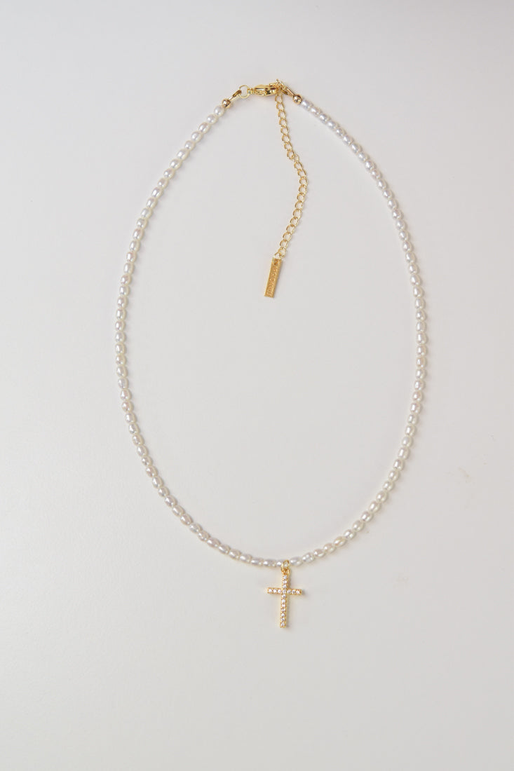 Pearly Diamond Cross Necklace
