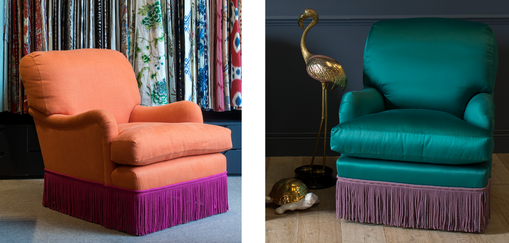Two bayswater chairs, both with bright contrasting fringes