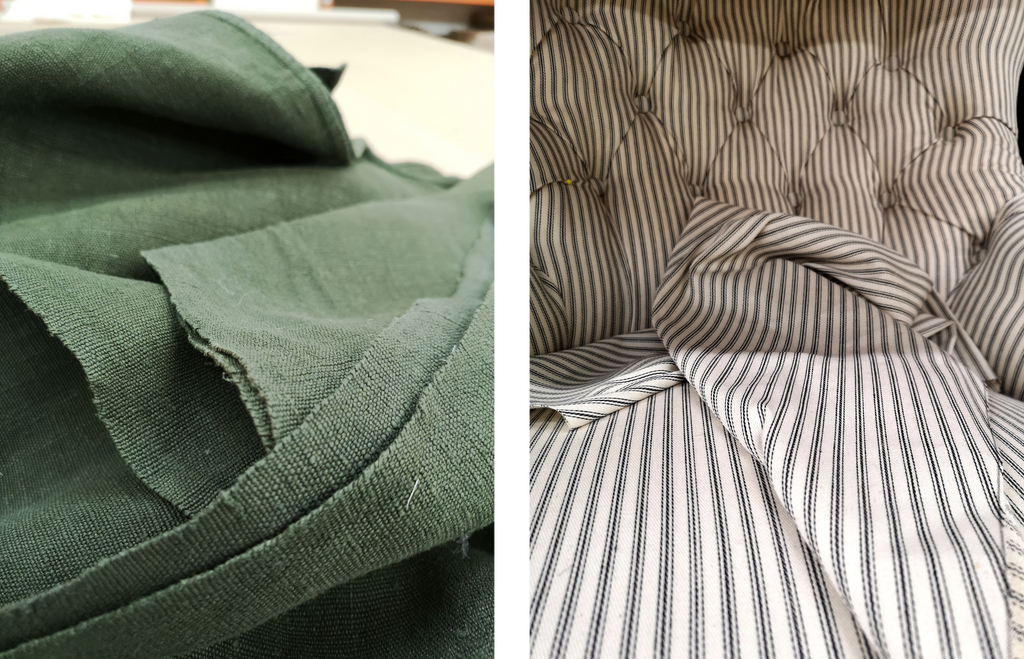 Upholstery fabrics, green hemp and striped ticking