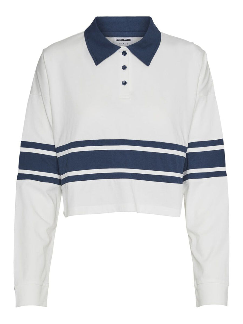 - Cropped top - Polo collar - Button fastenings along front - Long sleeved - Dropped shoulders - Contrasting blue stripes, collar and buttons - Cotton material - Relaxed fit Detail information 100% Cotton Machine wash, half load, short spin cycle at 40°C Do not bleach Do not tumble dry Low temp. iron. Highest temp. 100°C Do not dry clean Line dry