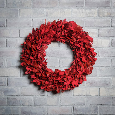 22” red holiday wreath made of natural red integrifolia leaves on a white brick background.