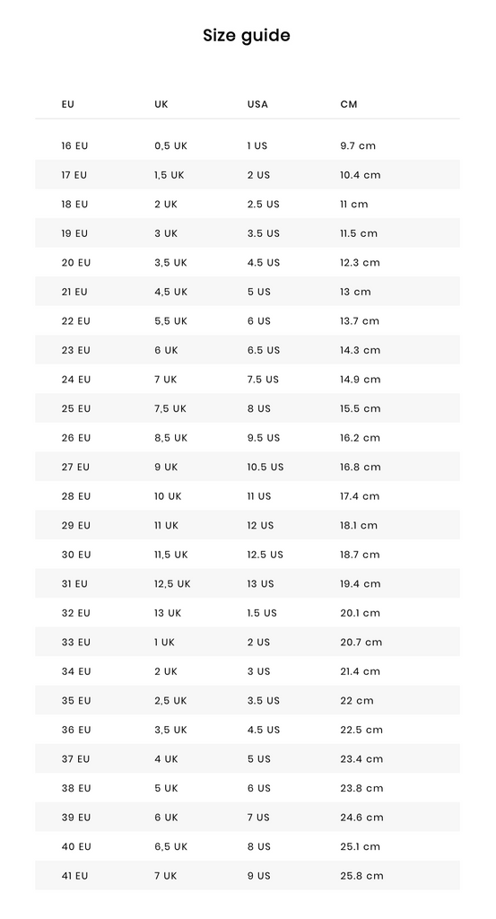 children's shoe size conversion cm