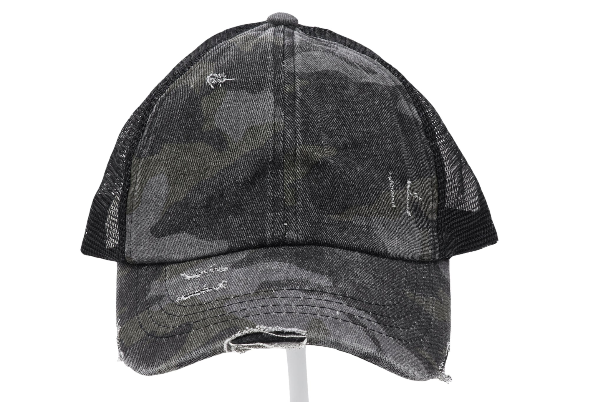 Distressed Camouflage Criss Cross High Ponytail Cc Ball Cap Black The Nurturing Elephant