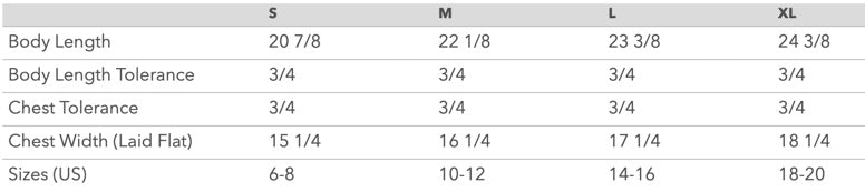 Bella + Canvas, youth jersey tee size chart