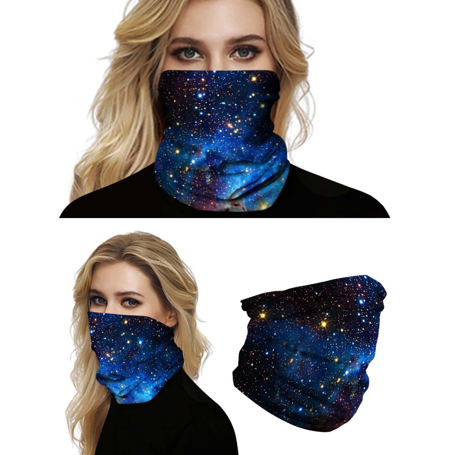 This Galaxy Print Multifunctional Neck Gaiter - Galaxy E is so versatile that there are 16+ ways to wear it - neckerchief, headband, wristband, mask, hair-band, balaclava, face mask, face scarf, seamless mask, beanie, bandana, mouth mask, neck gaiter and more. Perfect for all sorts of outdoor activities including hiking, fishing, skiing, cycling, skating etc with UV protection and odor control.