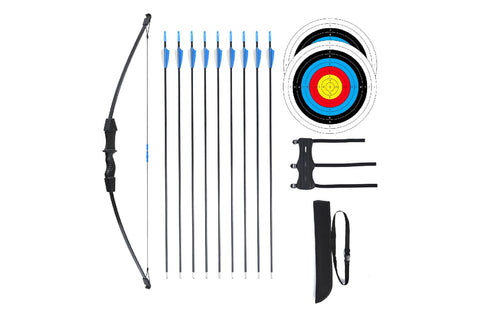 A clear display of an archery set, a bow, its arrows, targets, arrow bag holder and an archery glove