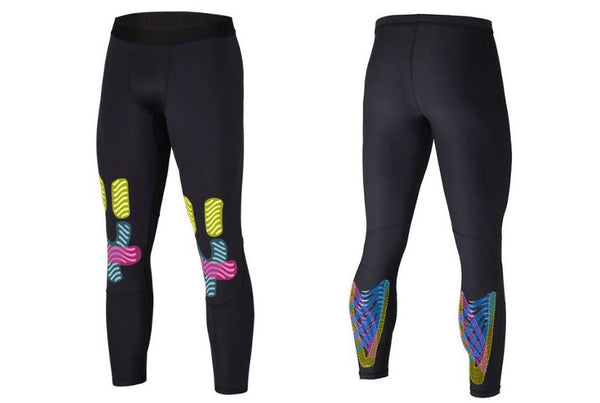 detailed diagram of the mens compressions leggings with kinesiology tape in the calf and knee area for support