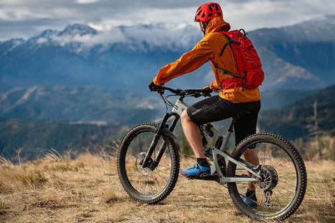 Man on a bike looking out off the top of a mountain, while mounted on his bike