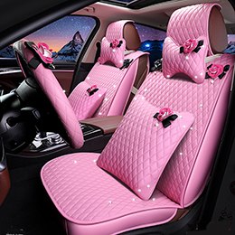 Girly Design Pu Leather Auto Seat Cover Full Set Pink Black With