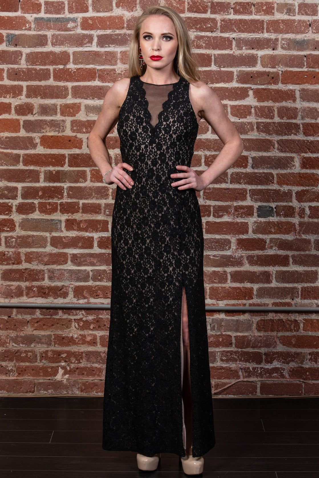 nightway plunging illusion velvet gown