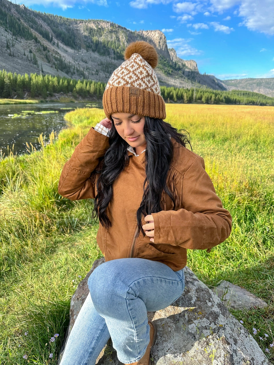 Fuzzy Lined Diamond Patterned Faux Fur Pom C.C Beanie