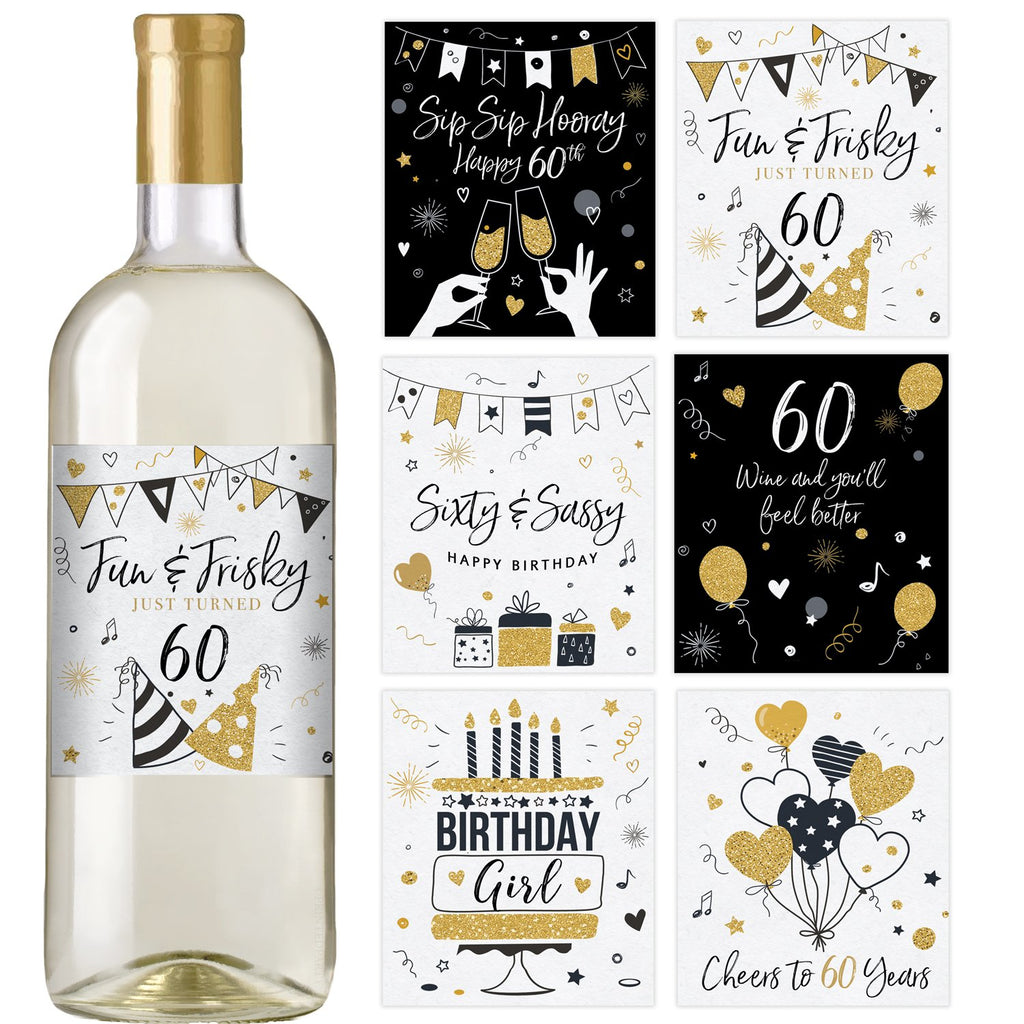60th Black and Gold Birthday Wine Bottle Labels 