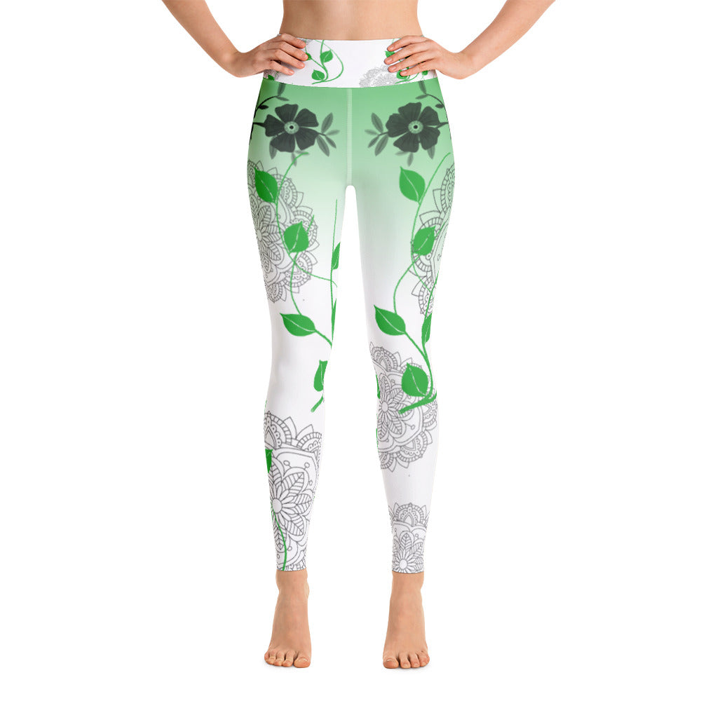 Yoga leggings with flowers and green pattern