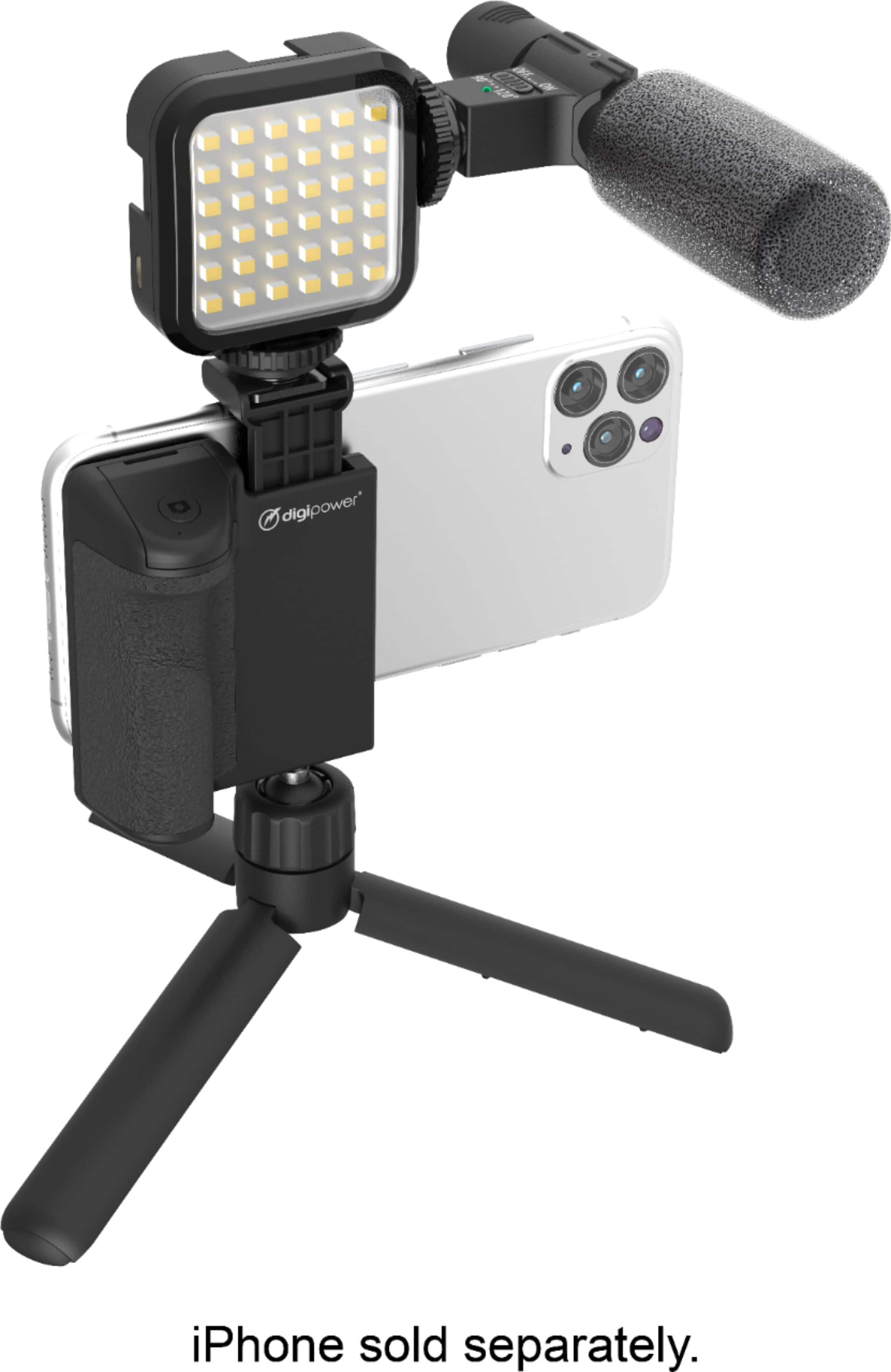 Digipower - Follow ME Vlogging Kit for Phones and Cameras Includes Microphone LED light Bluetooth remote phone grip and tripod - Black