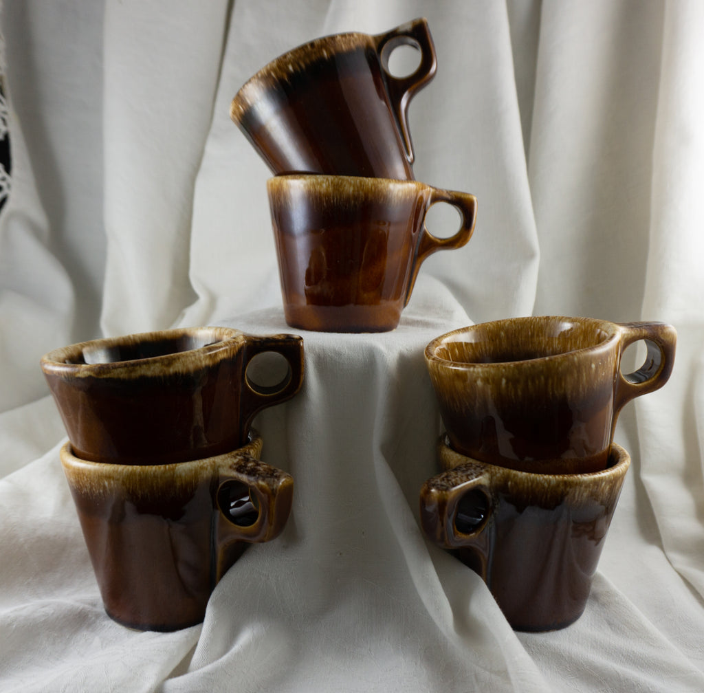 Hull Pottery Brown Drip Mug Coffee Cup Small &quot;O&quot; Handle SET of SIX – 2